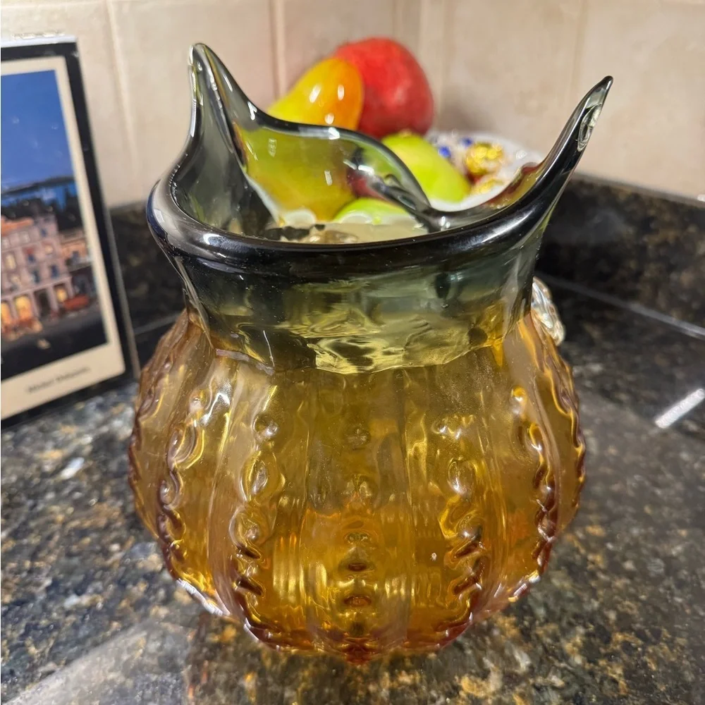 Pier 1 Amber and Black Glass Owl Candle Holder